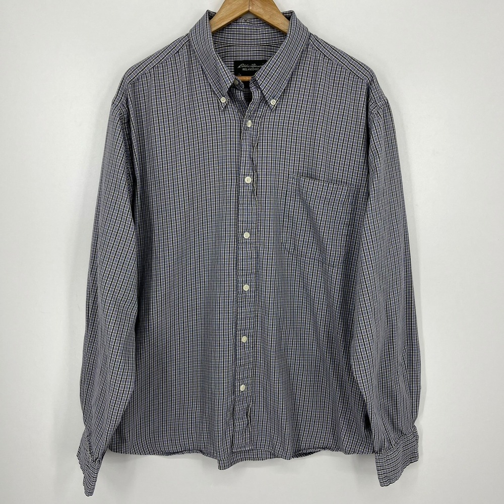 Eddie Bauer Mens XL Relaxed Fit Blue Micro Check Cotton Button Down Shirt